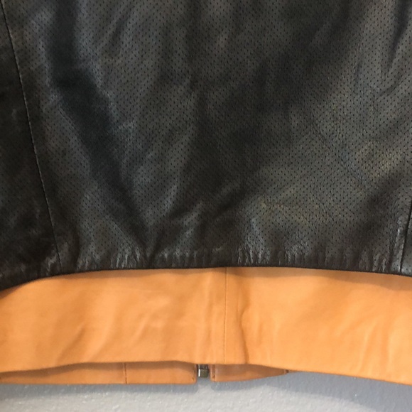 asos REAL Leather jacket Women's 12 camel brown black zip front crop coat EUC - Picture 13 of 16